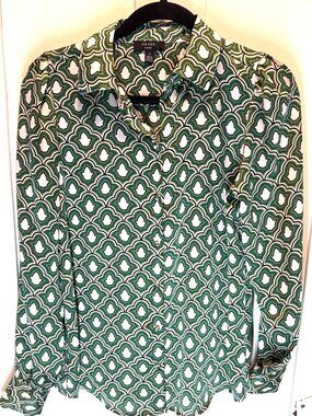 Haver London Retro Geometric Button Down Blouse Top Green Olive Small S/P